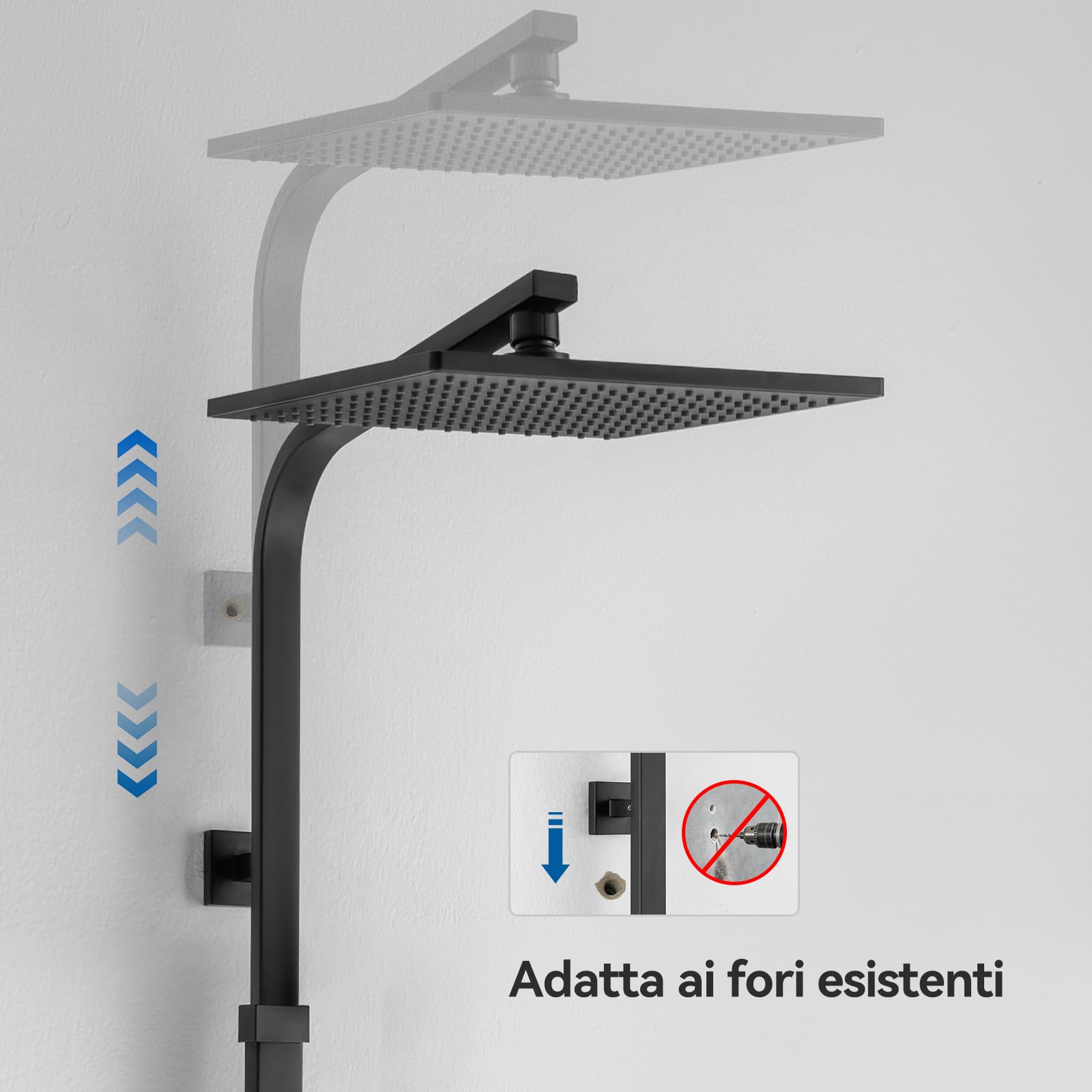 Auralum Colonna Doccia Nera con Miscelatore Termostatico, Miscelatore Doccia Esterno Ottone, Set Doccia Soffione Quadrato 25cmx25cm, Asta Saliscendi Doccia in Acciaio Inox Altezza Regolabile 97-130cm