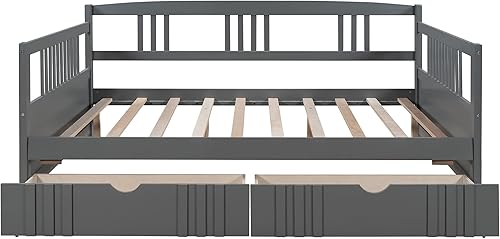 Miniatura 10 de P PURLOVE Sofá cama de madera con rieles, cama individual, listones de madera para sofá cama moderna (individual con cajones, blanco)