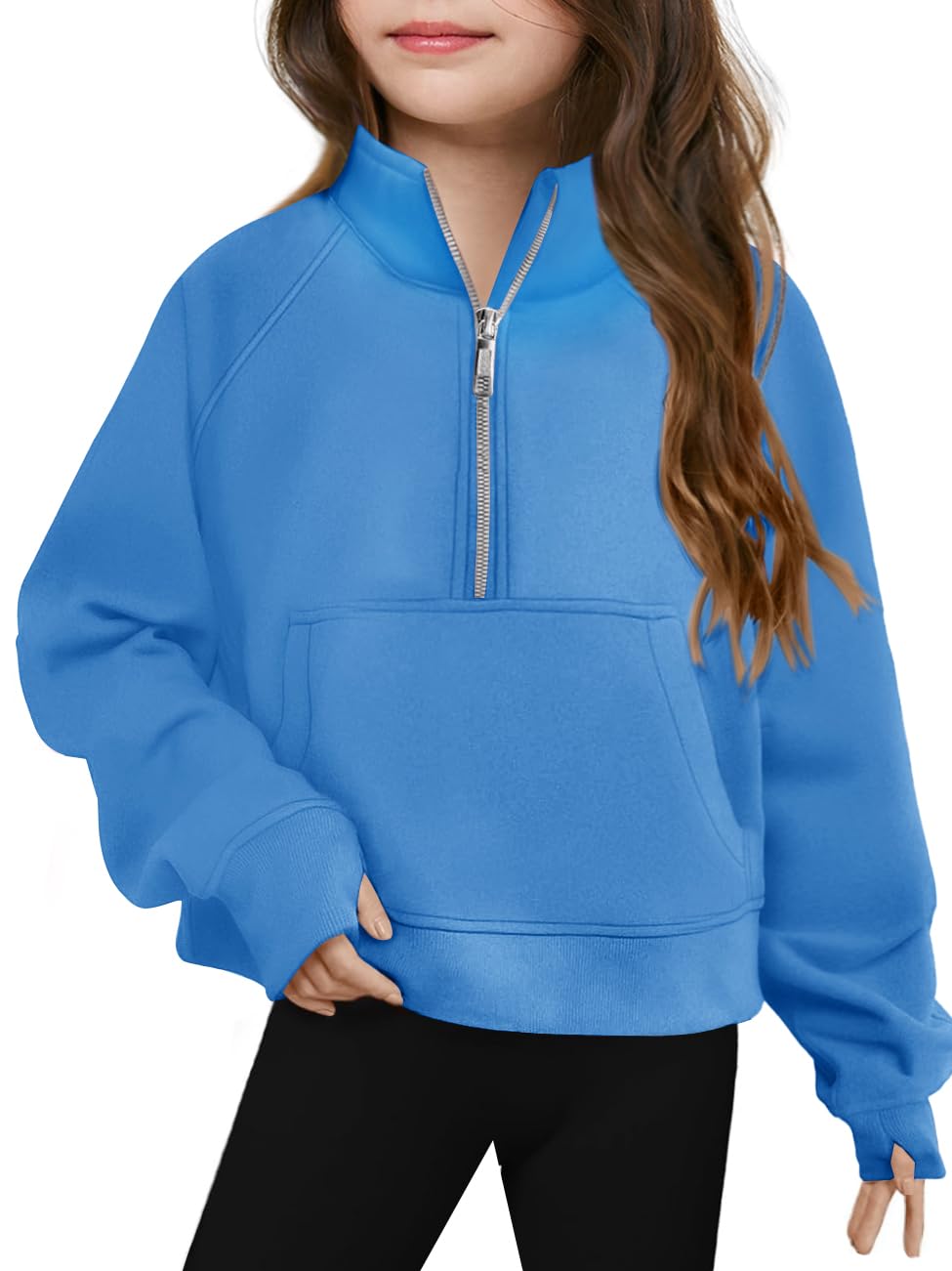 Haloumoning Girls Half Zip Sweatshirt Long Sleeve Pullover Crop Tops Kids Lightweight Fleece Fashion Winter Clothes