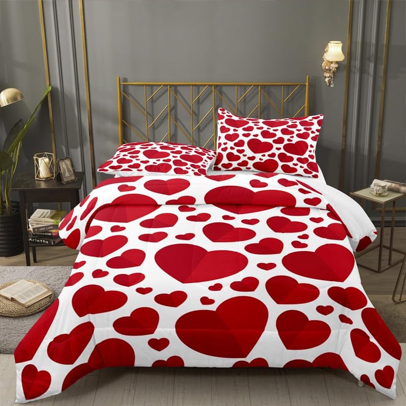 Valentine Comforter Set Red Hearts Quilt Bedding Set with 1 Comforter and 2 Pillow Covers for Bedroom Dormroom All Season King 104x90inches