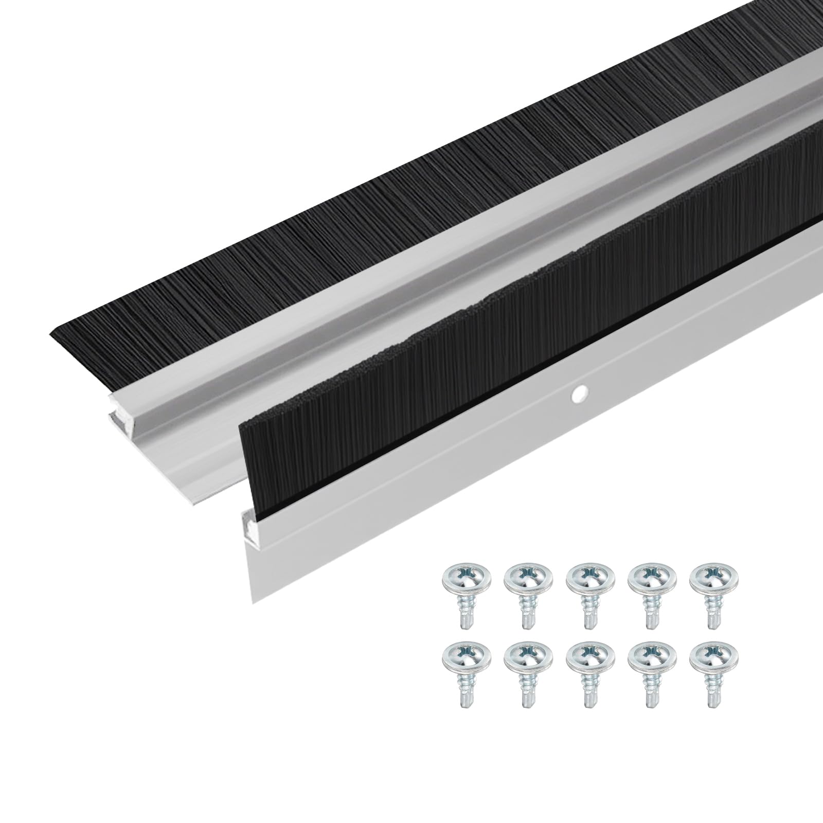 door brush bottom sweep-2 pack weather stripping with 0.99 inch black nylon brush fits for exterior doors and industrial use-1.1" wide x 35.46" long aluminum alloy base-silver