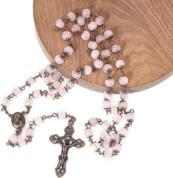 Nazareth Store Natural Stone Beads 8mm Rosary Necklace Antique Copper Design Holy Soil Medal & Cross in Velvet Bag - Catholic Rosaries Terra Santa Jerusalem Collection3