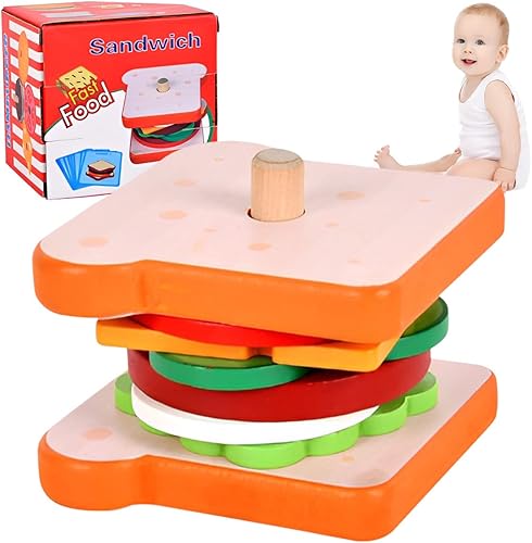Miniatura 8 de Juego de juego de simulación de alimentos, juguete apilable de hamburguesa de madera, juguetes apilables de hamburguesas Montessori, juguete