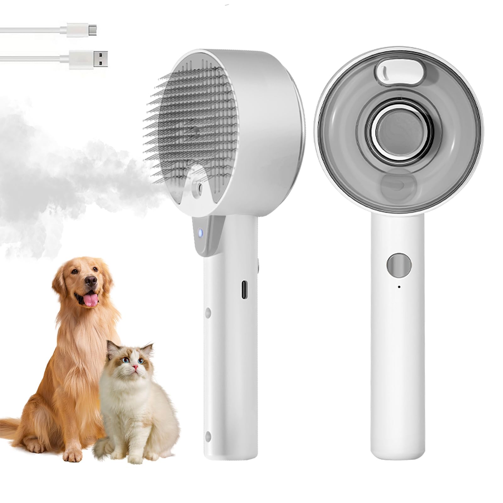 Spazzola a vapore 4 in 1 per cani e gatti - Autopulente con serbatoio d'acqua - Toelettatura e massaggio per animali domestici（Grigio）