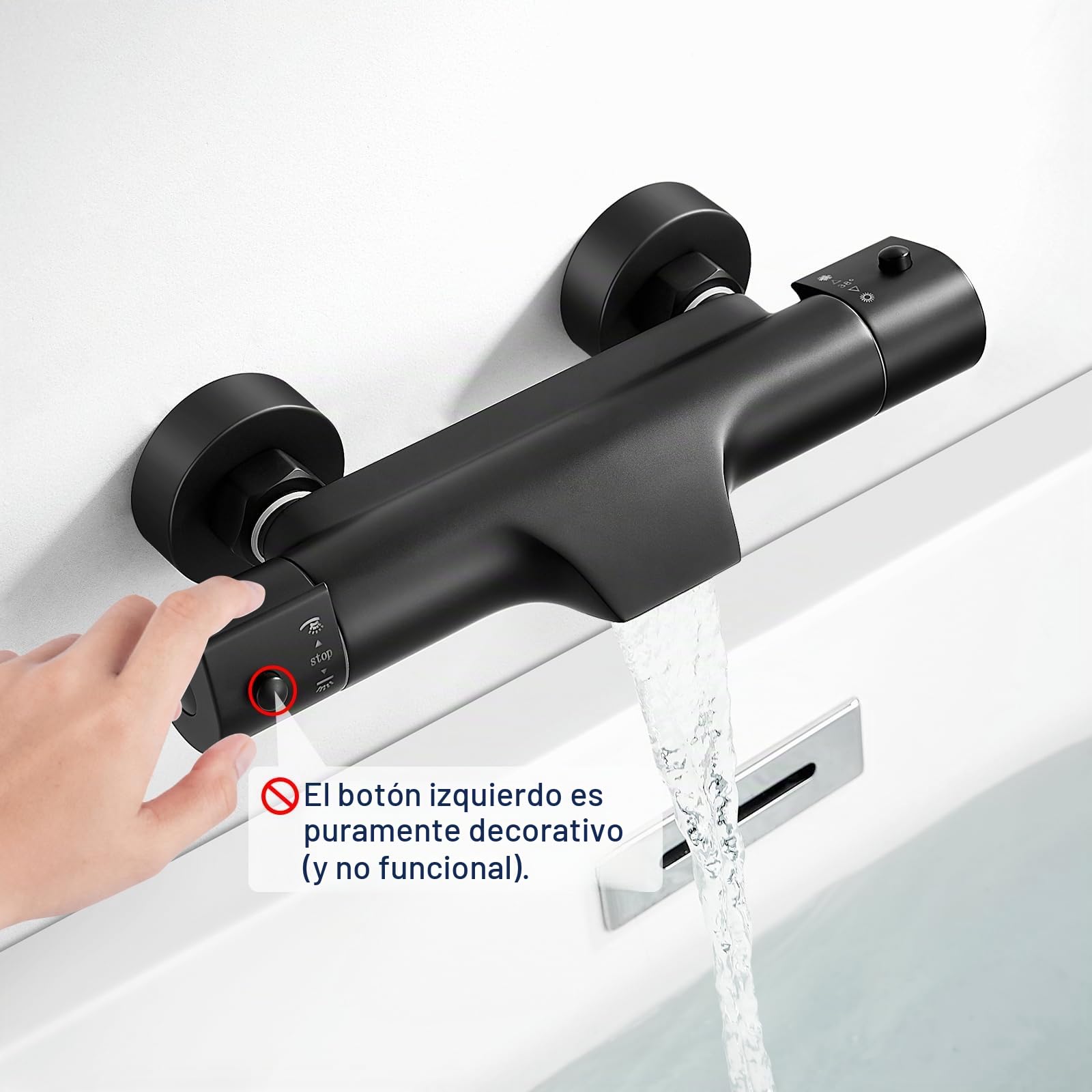 Grifo Ducha Termostático en Cascada Negro, Grifo Termostatico Bañera con el Botón de Seguridad 38 ℃, Grifo Termostático para Bañera y Ducha de Latón con 2 Salidas de Agua, Montaje en Pared
