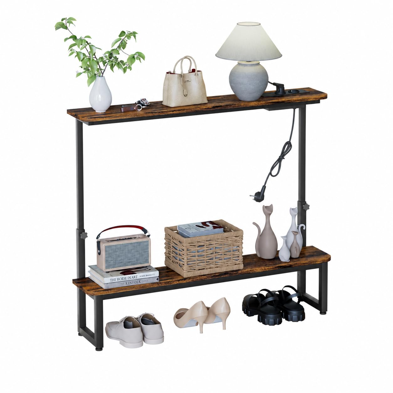Yorbay Console étroite à 2 étagères - Table de couloir avec station de charge réglable en hauteur - Table d'appoint rétro avec prise - Table basse - Table d'entrée pour couloir, salon, chambre à