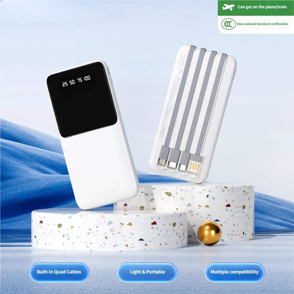Banco de energía portátil de 10000 mAh, blanco, con cable de carga desmontable 4 en 1 integrado, pantalla de batería LED