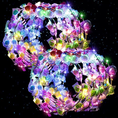 LovesTown 60PCS Glow in the Dark Party Supplies Flower Crowns for Women Light Up Flower Crown Light Up Party Favors for Raves Birthday Wedding Reception Mardi Gras Cosplay
