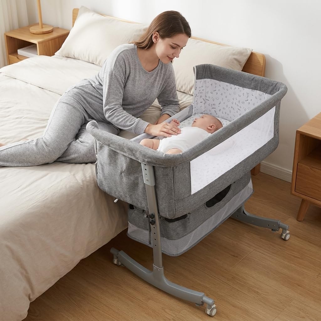 3-in-1 Baby Bassinet Bedside Sleeper with 6 Height Adjustment, Rocking Cradle Mode, Wheels, Storage Basket, Breathable Mesh and Soft Mattress, Portable Bedside Crib for Newborn | 3-in-1, Bedside Sleeper, 6-Height Adjustable, On Wheels, Breathable Mesh, Mattress