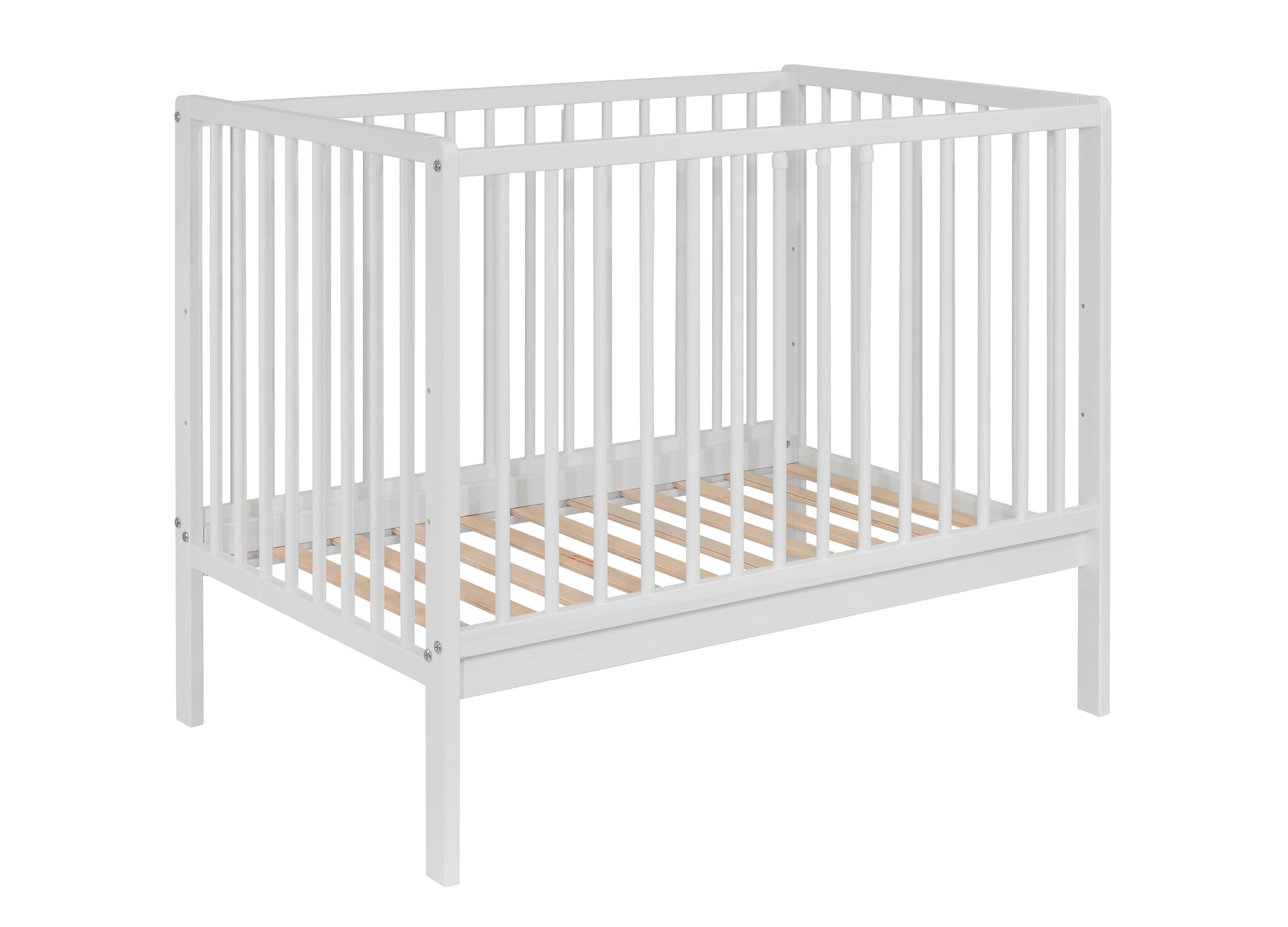 Lit bébé Julia 100x60 cm avec Matelas – Bois Massif hêtre – Sommier réglable 3 Positions – 3 barreaux Amovibles – Conforme en 716 (Blanc)