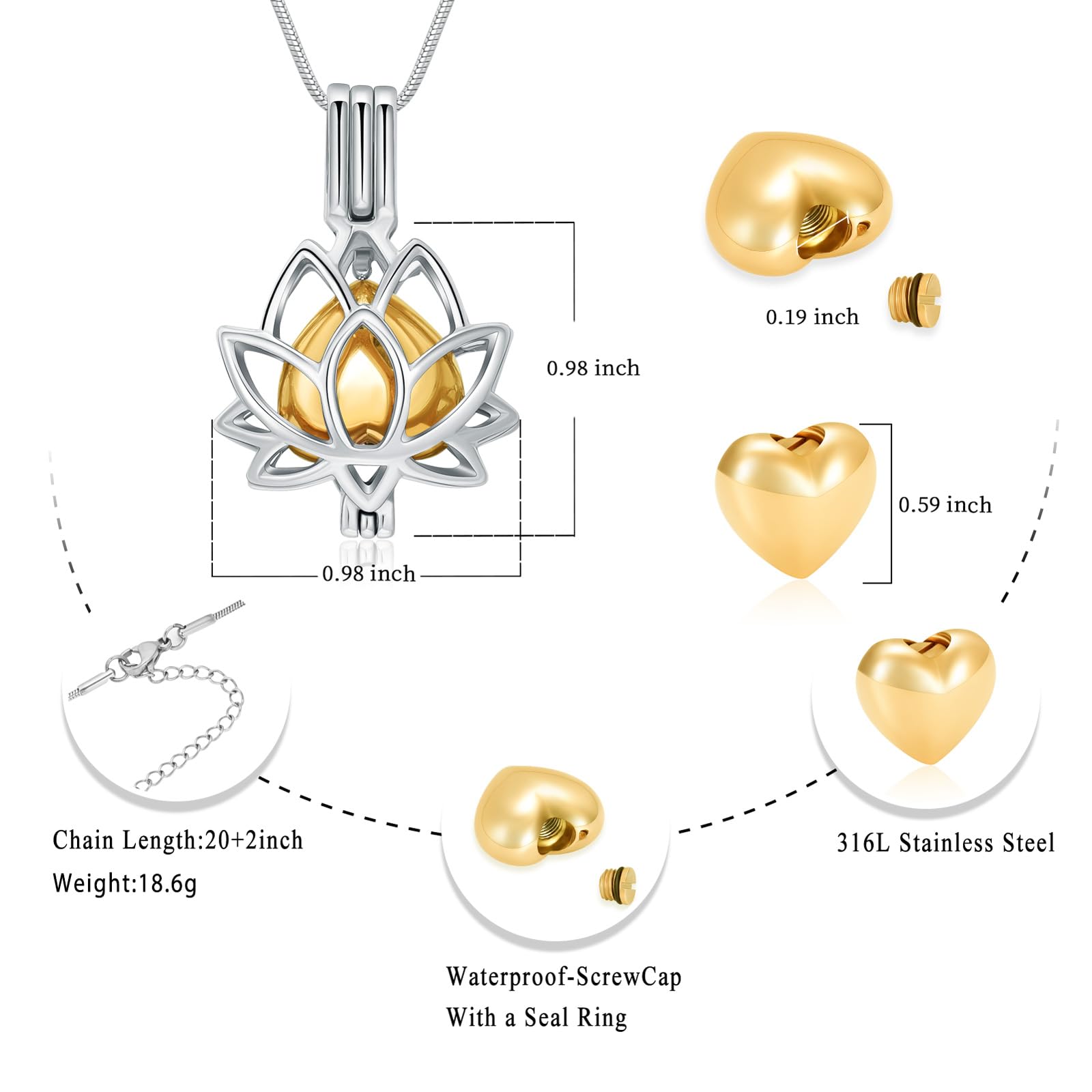 Oinsi Cremation Jewelry Lotus Shape Stainless Steel Memorial Necklace Inside Mini Heart Urn Holder Necklace For Ashes (Customize)