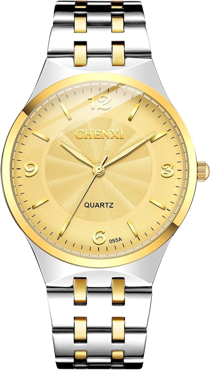 Mr. Gadget's Solutions Par de relojes de cuarzo, analógico, para parejas, de negocios, informal, con pulsera de acero inoxidable dorada y plateada, regalo de pareja para el día de San Valentín, para