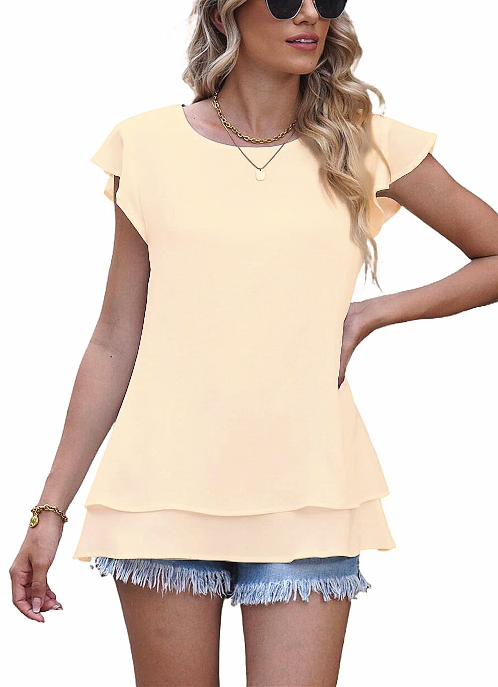 lime flare Women Dressy Double Layers Business Casual Blouse Tshirt Tops Summer Tunic Shirt
