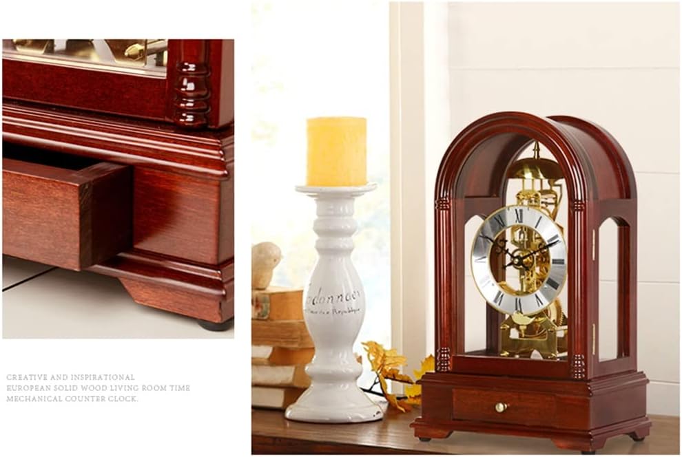 FMURY European Retro Mechanical Desk Clock Living Room Clock Ornaments Antique Solid Wood Desk Clock Home Clock Decoration