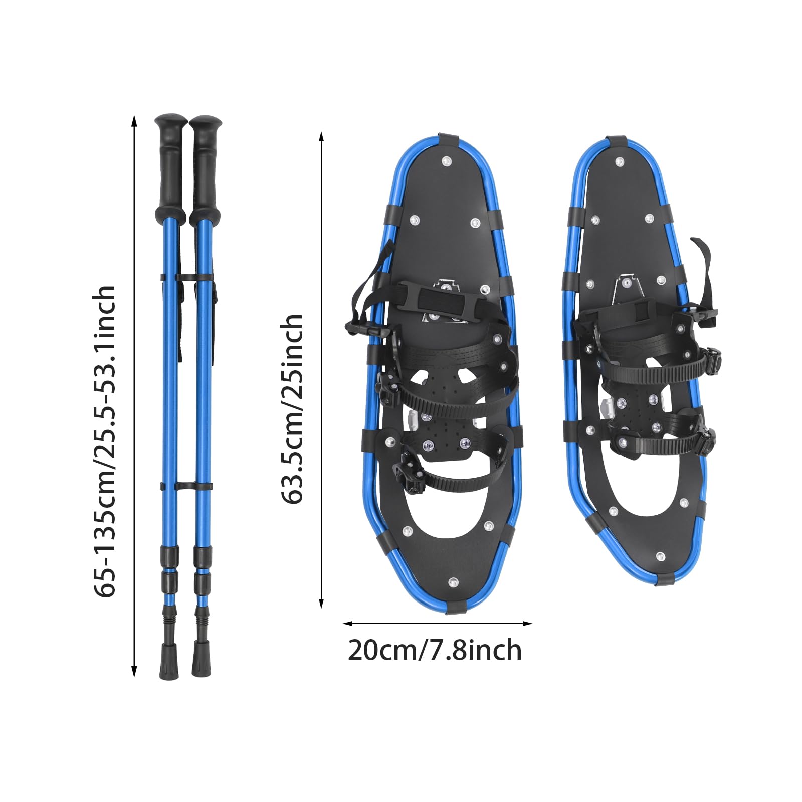 Snowshoes, Durable All Terrain Snowshoeing Kits Adjustable Binding, Lightweight Aluminum Terrain 3 in 1 Snow Shoes with Adjustable Trekking Poles & Carrying Tote Bag (Blue+ Black, 25