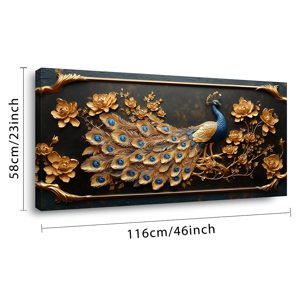 ZESTRILIA Pretty Peacock Wall Art for Living Room Office Gold Country Rustic Retro Asian Canvas Painting Prints Golden Vintage Elegant Peackock Artwork Dining Bedroom Decor Large (46x23 Inches)