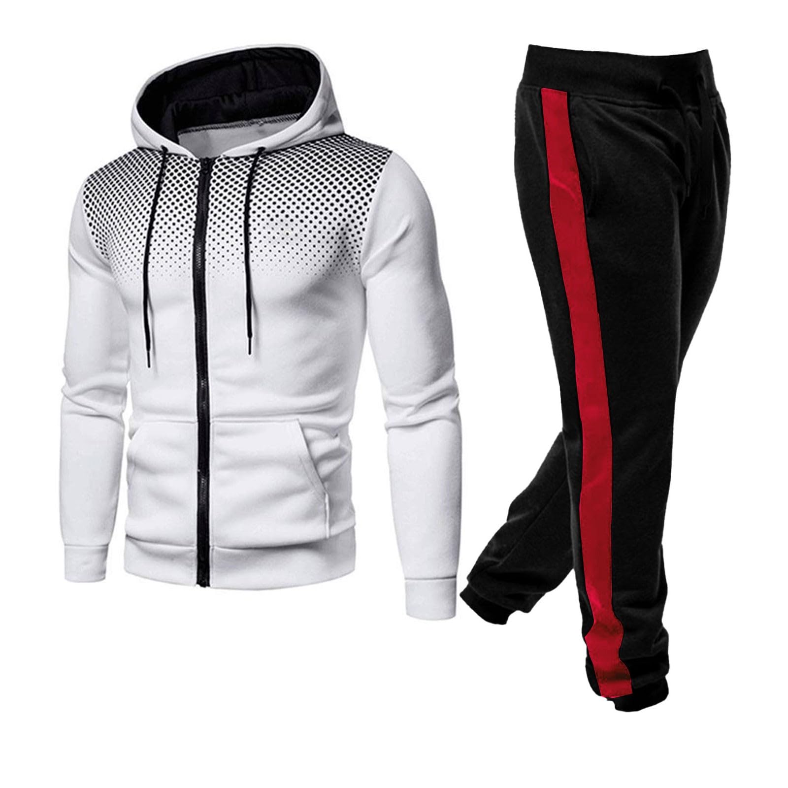 Tuta da jogging da uomo, colore nero e rosso, con chiusura lampo