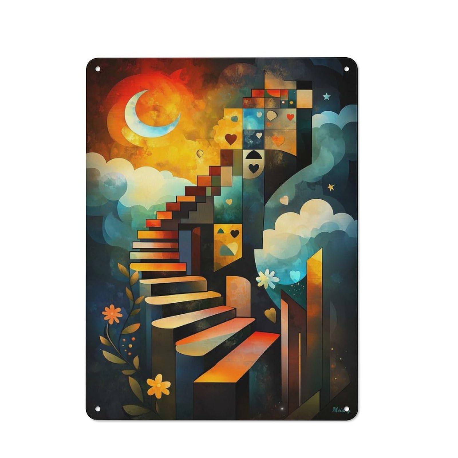 Junmoney Modern Cubism Stairway Tin Wall Plaque 40X30cm With For Workshop Wall, Suited To Makers And Diy Enthusiasts