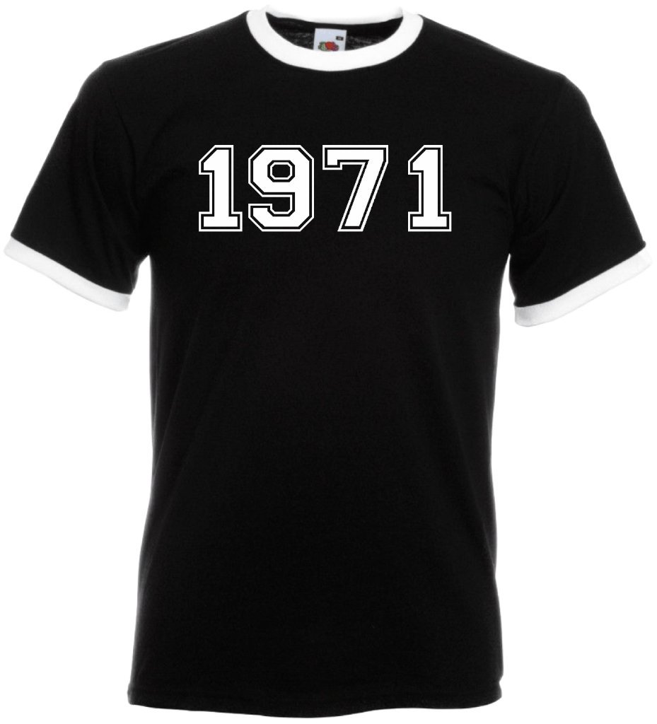 Dcg Printwear Men's Black & White Ringer Varsity 1971 College Unisex Ringer T-Shirt Birthday Gift Present Funny Novelty Top