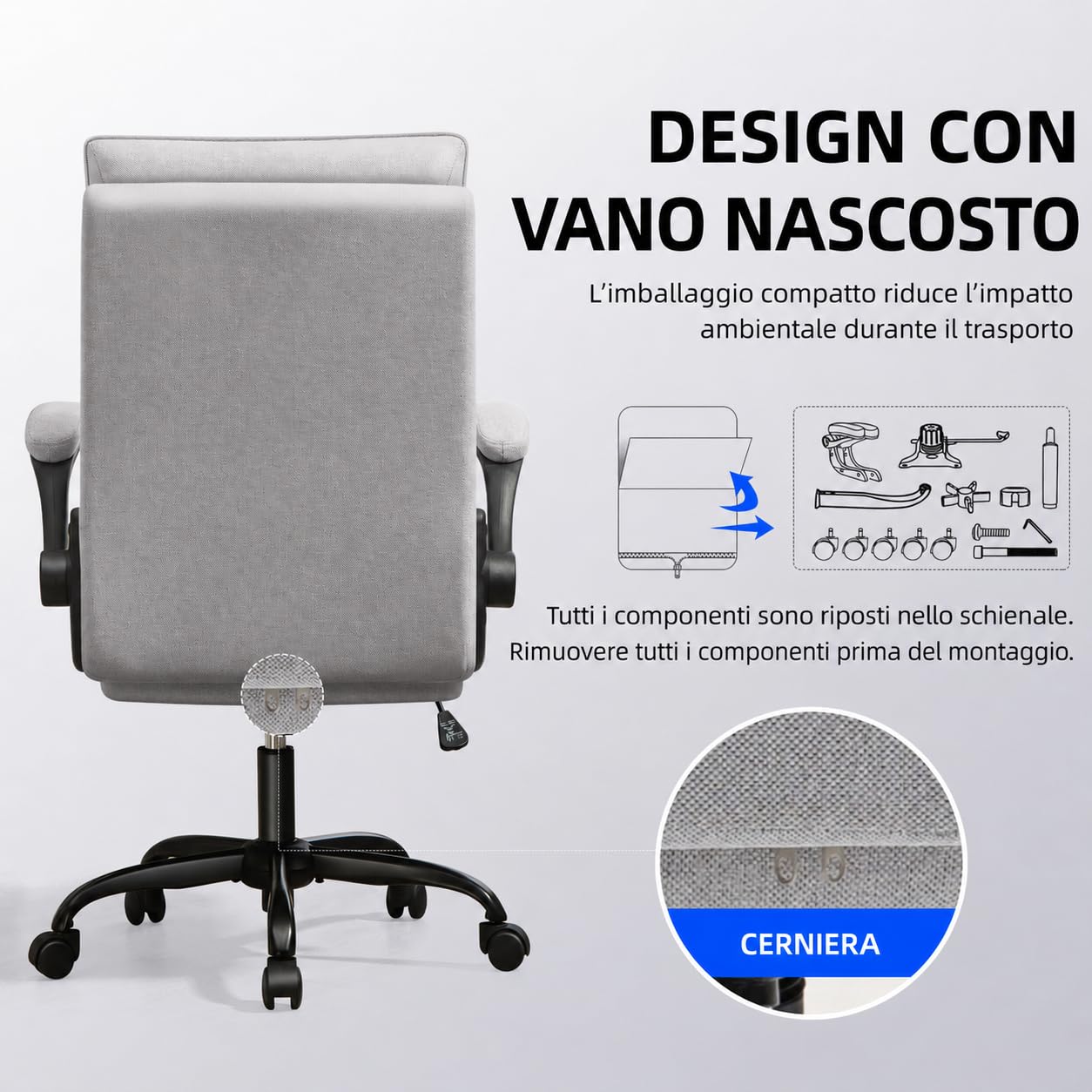 Sedia da ufficio ergonomica, in tessuto traspirante e schienale alto, regolabile in altezza e funzione basculante, 150 kg, sedia girevole con ruote, colore: grigio