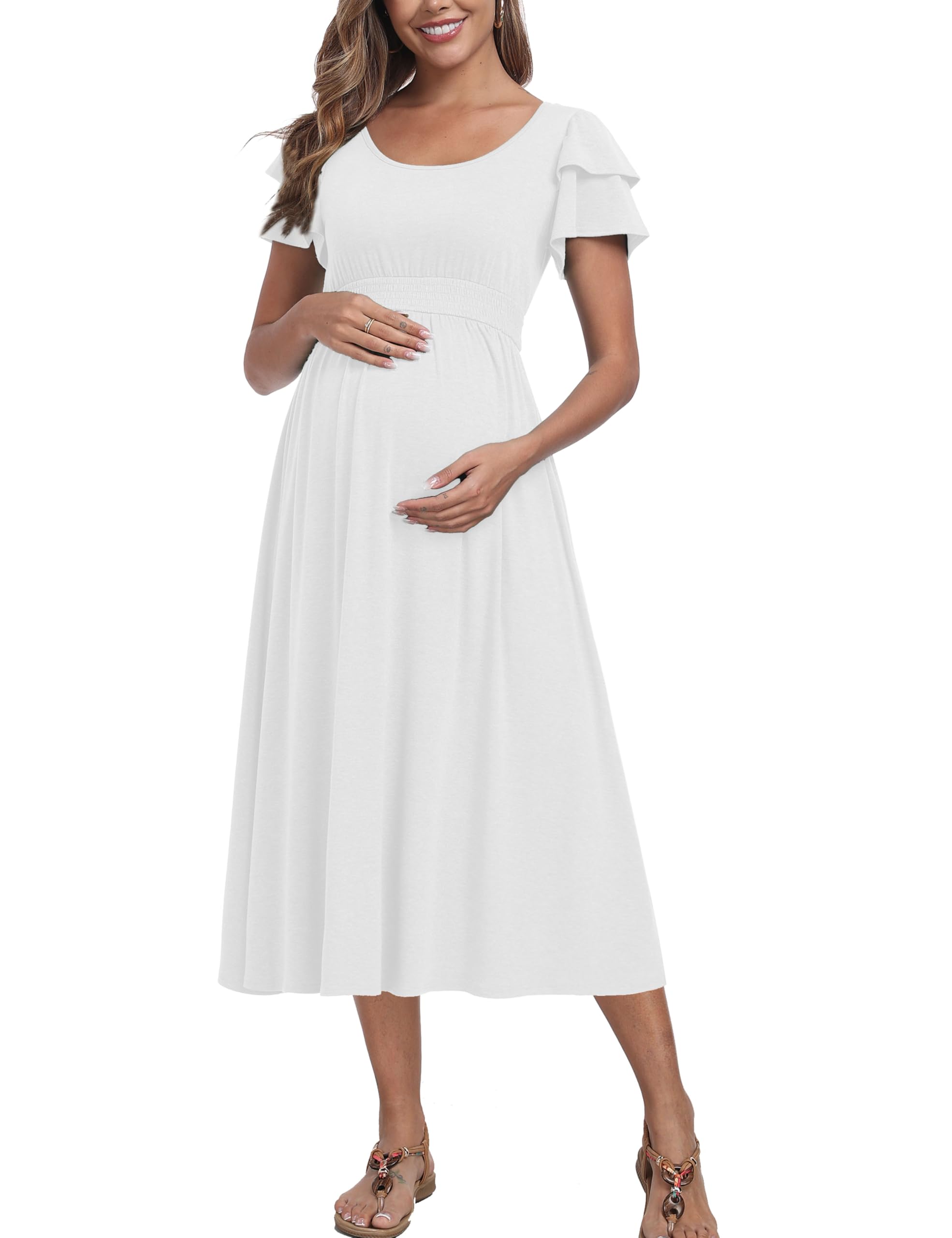 Umstandskleid mit Rüschen, kurze Ärmel, hohe Taille, Midi-Kleid, Frühling, Babyparty-Kleider