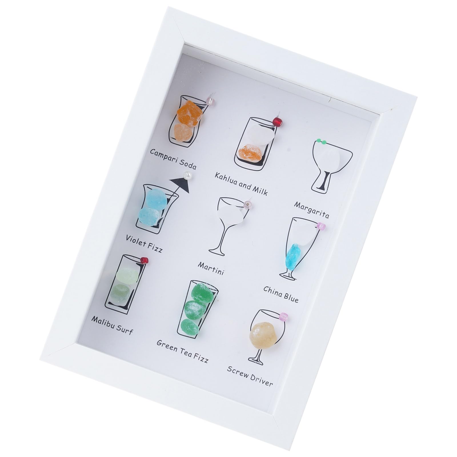Nucelit Coastal Themed Cocktails Theme Wall Decors Colorful Sea Glass Framed Wall Art Hanging Decoration for Indoor Display Framed Sea Glass Cocktails Design