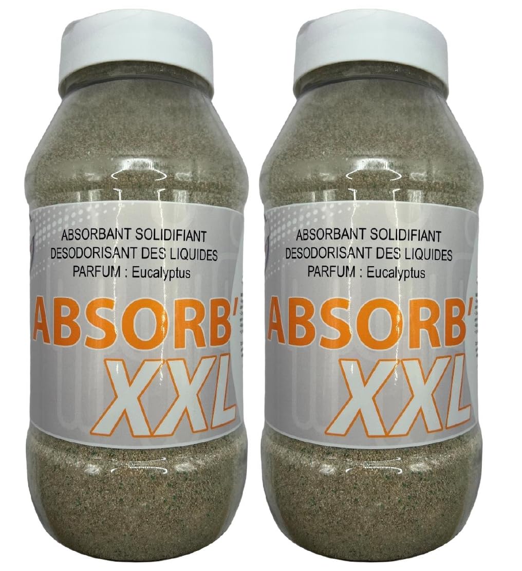 ABSORB XXL Poudre Super Absorbante Vomi, Urine et Liquides | Gélifiant Rapide et Solidifiant Parfumé à l’Eucalyptus | Pour Animaux, Enfants et Mal des Transports | Lot de 2 Bouteilles de 1L