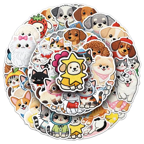 56PCS Cat & Dog Embroidery Stickers, Waterproof Vinyl Cartoon Cute Pet Decor Decals for Skateboard, Fridge, Laptop, Phone, Luggage (1.64-2.28 Inches)