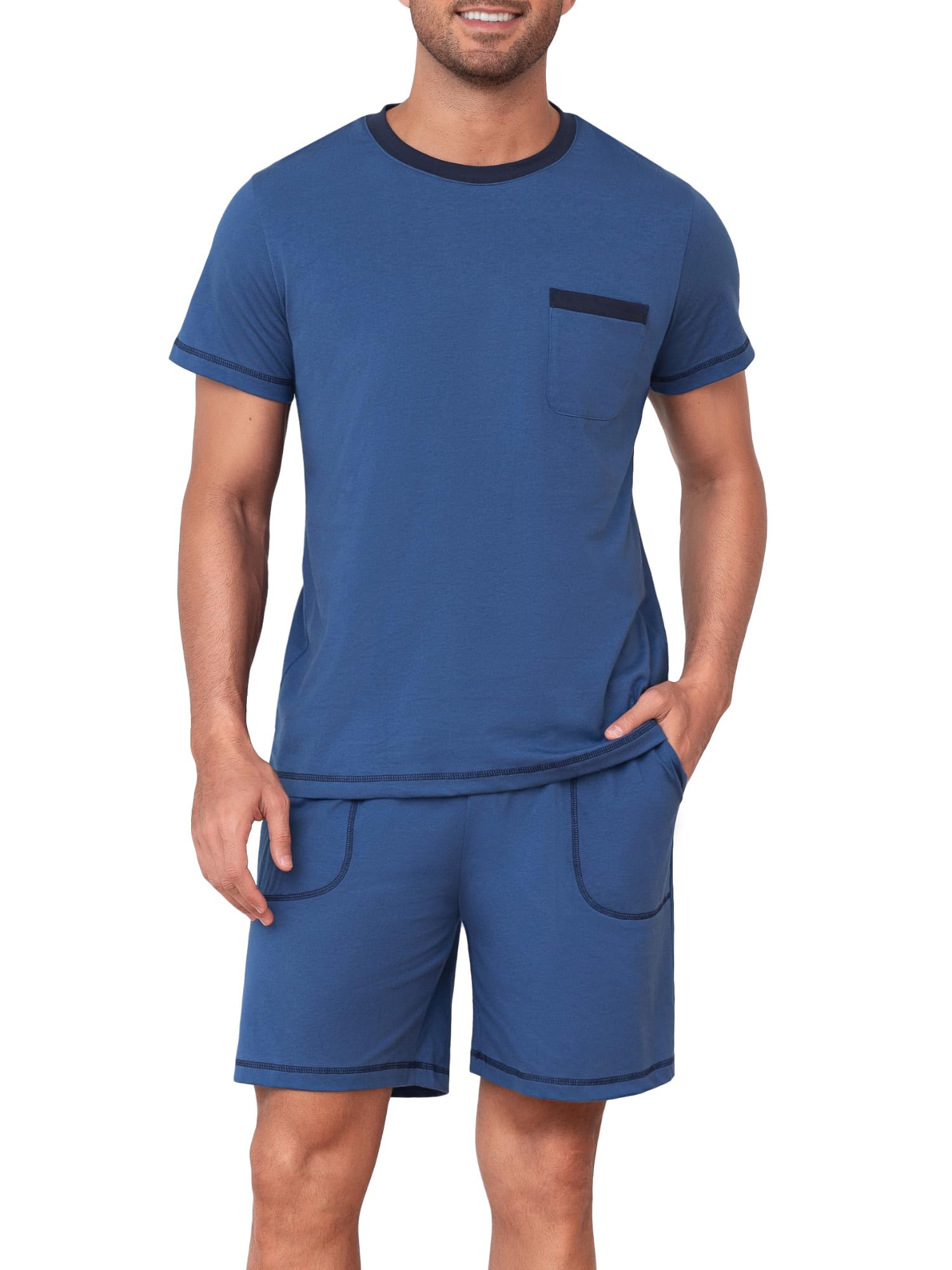 Winovia Schlafanzug Herren Kurz Leichter Sommer Pyjama Set aus 100% Baumwolle, Kurzarm-Shirt und Kurze Hose für Atmungsaktiven Schlafkomfort