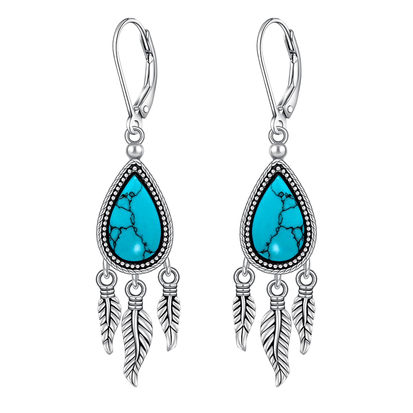 Orecchini a forma di piuma, da donna, in argento Sterling, con turchese autentico, pendenti, monachella, regalo per la festa della mamma, 1 inches x 0.35 inches, Argento sterling, Zirconie sintetico