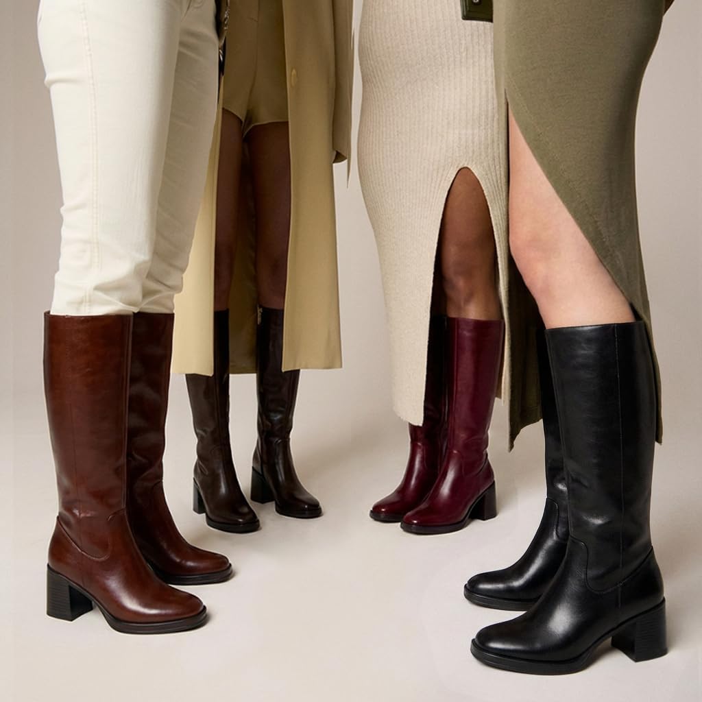 Knee High Boots Women Chunky Block Heel Wide Calf Round Toe Tall Long Zipper Fashion Leather Boot