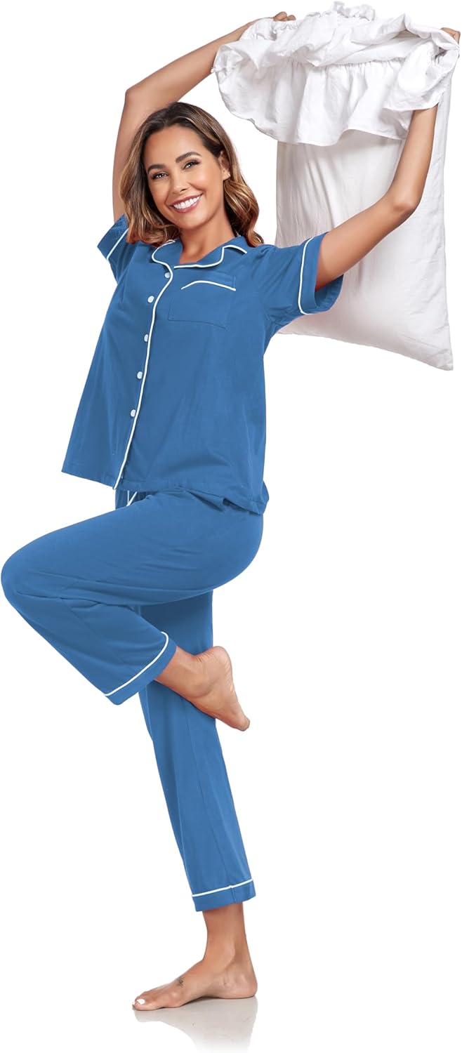 COLORFULLEAF Women's 100% Cotton Pajamas Set Button Down Sleepwear Short Sleeve Shirt and Long Pants Soft Ladies Lounge Sets - Image 7