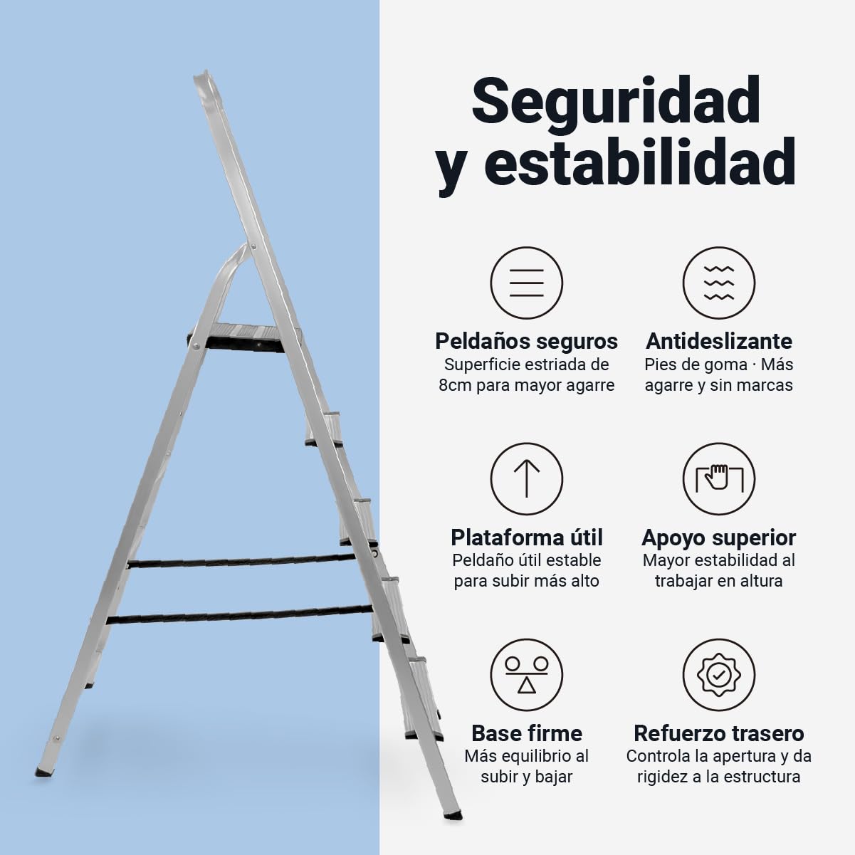 Escalera Plegable de Aluminio, con Barandilla Superior, Pies Antideslizantes, Plataforma de Apoyo, para Uso Doméstico, Peldaños Antideslizantes, Escalera de Tijeras (5 PELDAÑOS)