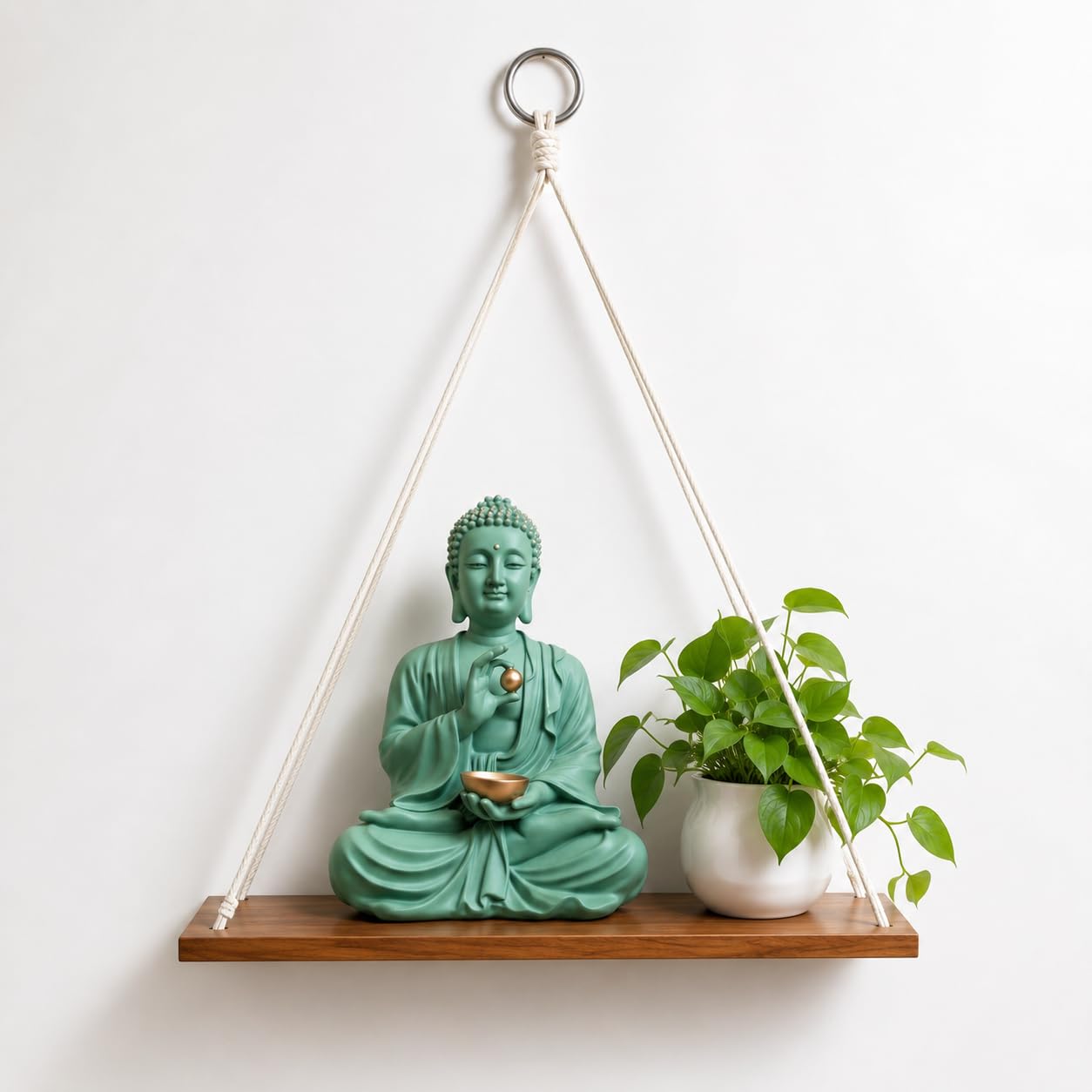 Premium Teak Wood Hanging Wall Shelf, Handmade with Rope and Steel Ring, Floating Plant Stand and Buddha Display Shelf, Polished Finish, for Living Room-image-18