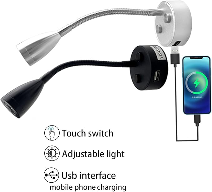 WMYYLX Leeslamp, 2 stuks, 12 V, led-leeslamp, wandlamp, 3 W, dimbare RV-leeslamp met USB-aansluiting, 360 graden flexibele zwanenhals voor camper, camper, caravan, boot (zilver) photo 3