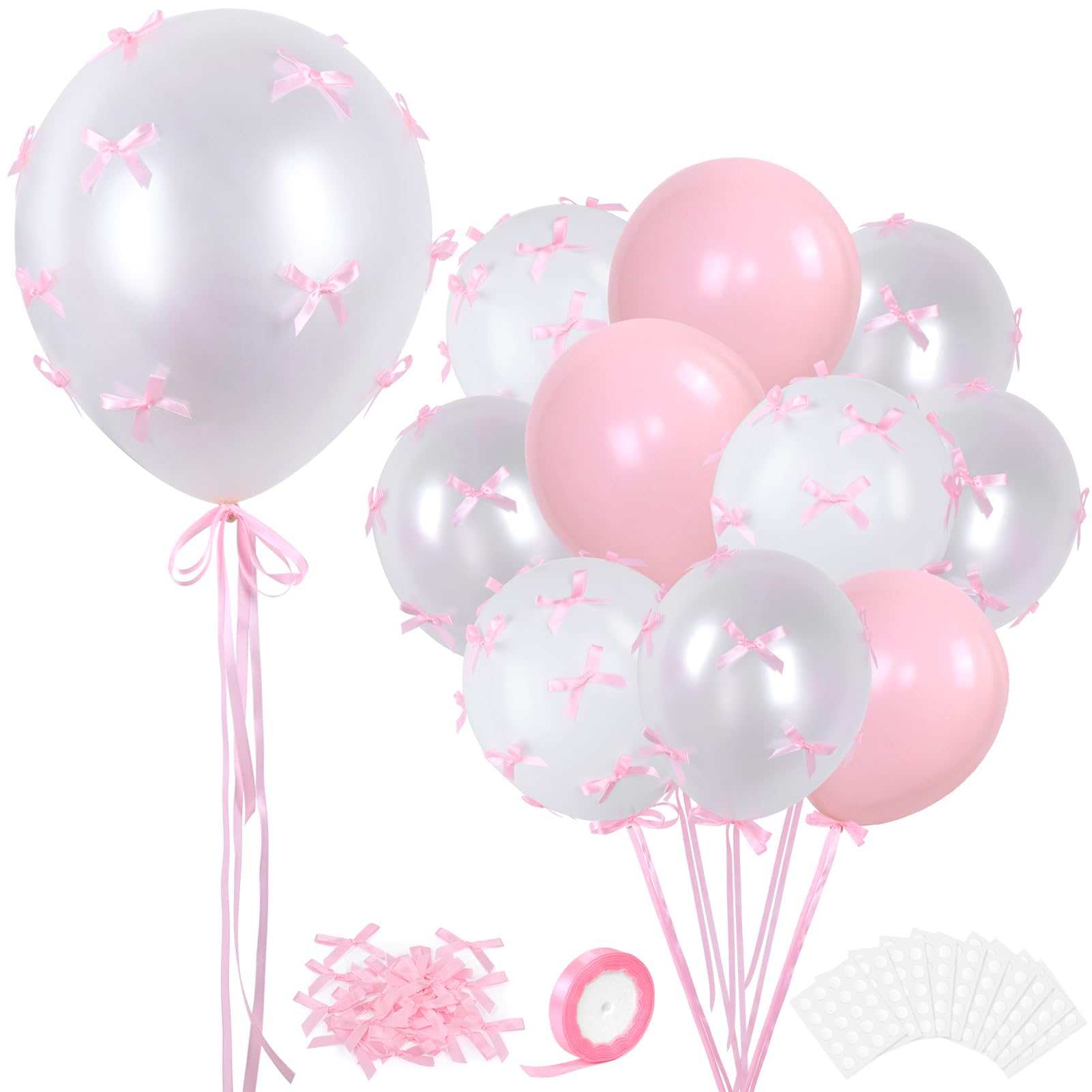 Pink Bow Balloons, 32Pcs 18" 12" Pink Balloons & 100Pcs Mini Pink Ribbon Bows, DIY Bow Balloons for Bow Birthday Baby Shower Decorations, Tying The Knot Bridal Shower Bachelorette Decor