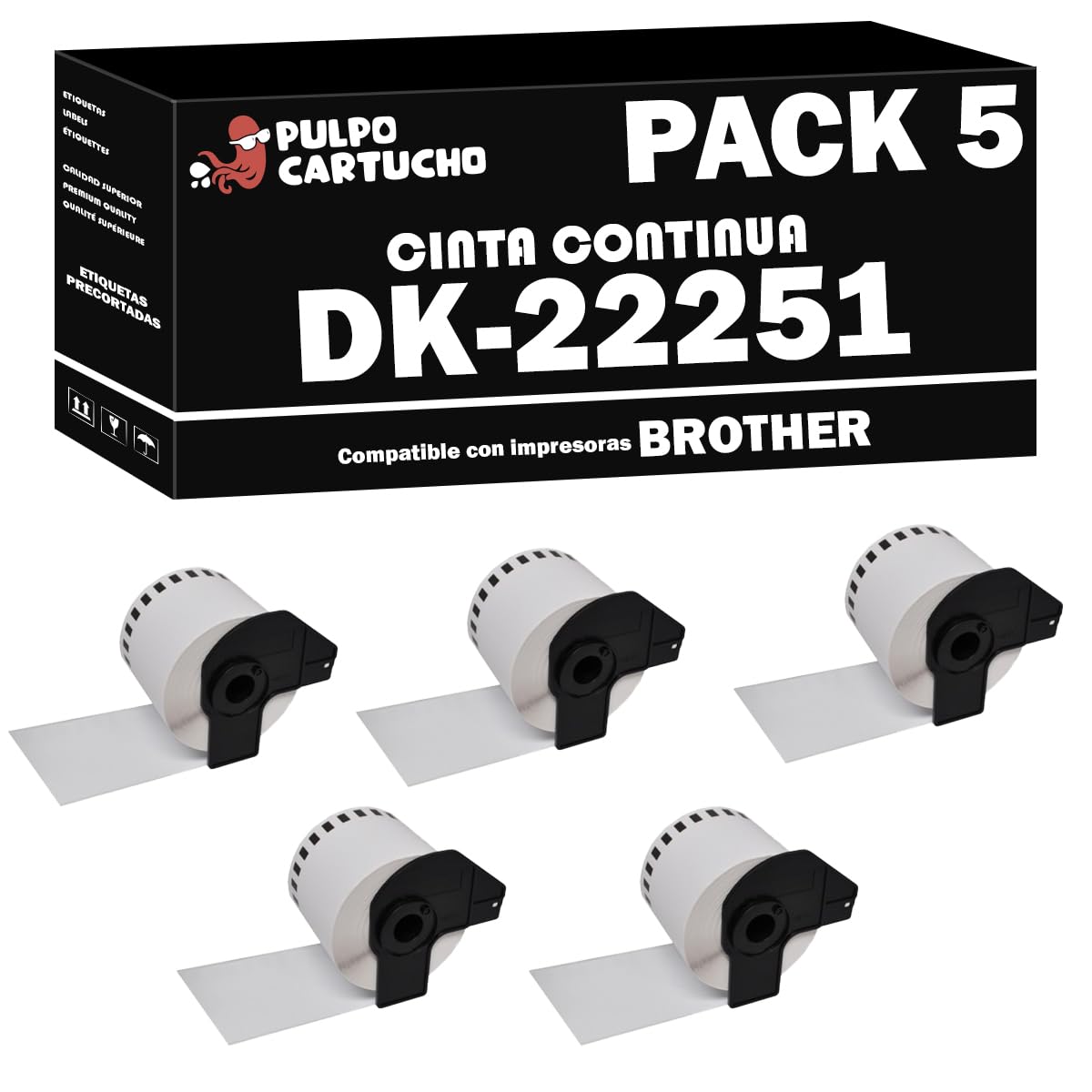 Pulpo Cartucho - Pack 5 Rollos Cinta Continua DK22251 Compatible con Brother DK-22251 - Cinta Continua para Etiquetas personalizadas 62 mm - Para P-Touch QL 800, QL 810W, QL 820NW, QL 820NWB