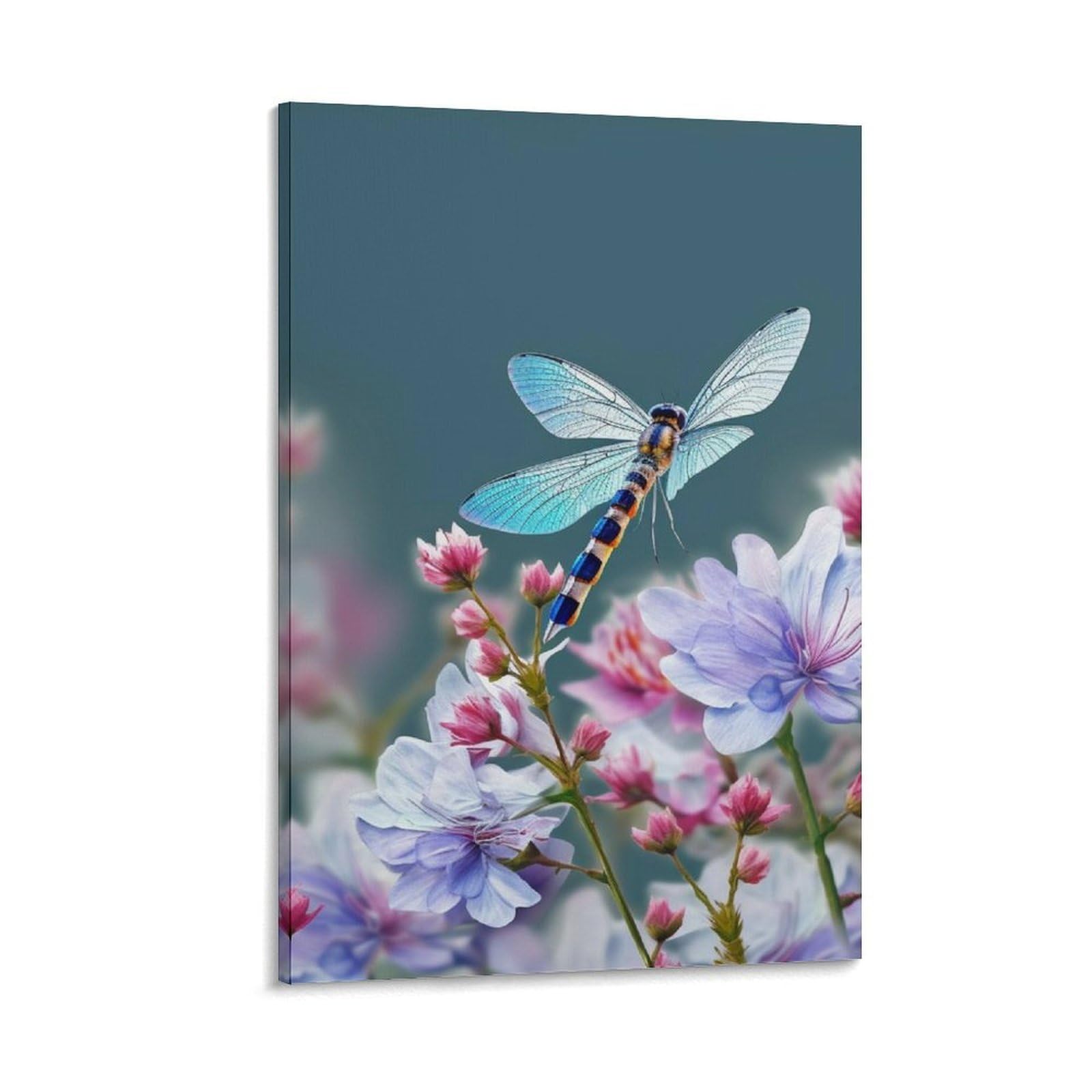 Canvas Wall Art for Living Room 16"x24" Modern Artwork Painting Pictures Hanging Canvas Prints Dragonfly And Flowers Aesthetic Wall Art for Bedroom Bathroom Office Wall Art Print Decor Dragonfly And