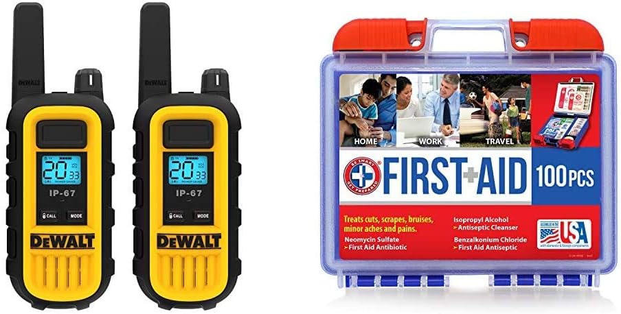 DEWALT DXFRS300 1 Watt Heavy Duty Walkie Talkies (2 Pack) and Be Smart Get Prepared 110 pc First Aid Kit