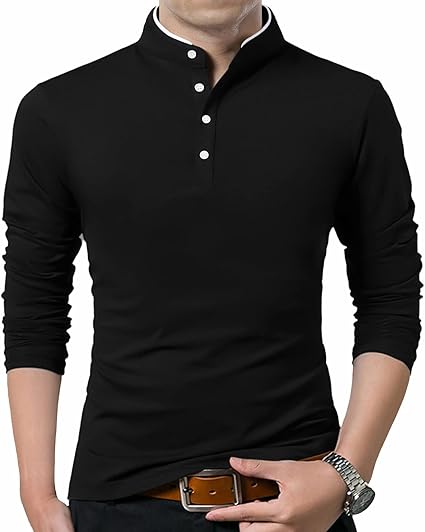 KUYIGO Mens Casual Slim Fit Shirts Pure Color Long Sleeve Polo Fashion T-Shirts