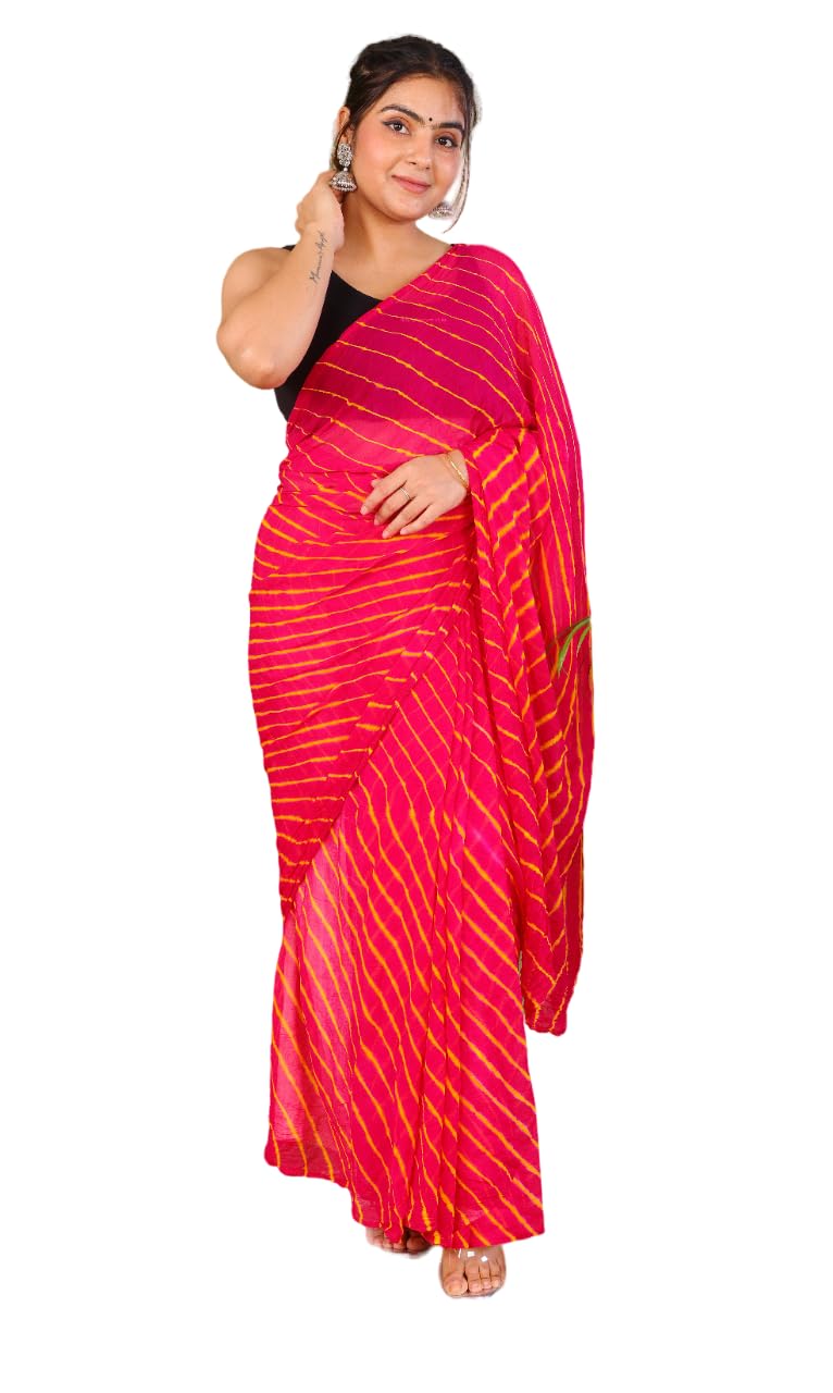 PK HUBWomen's Rajasthani Jaipuri Leheriya Chiffon Saree with Blouse Piece – Multicolor Traditional Ethnic Tie-Dye Saree for Festivals, Weddings, Parties