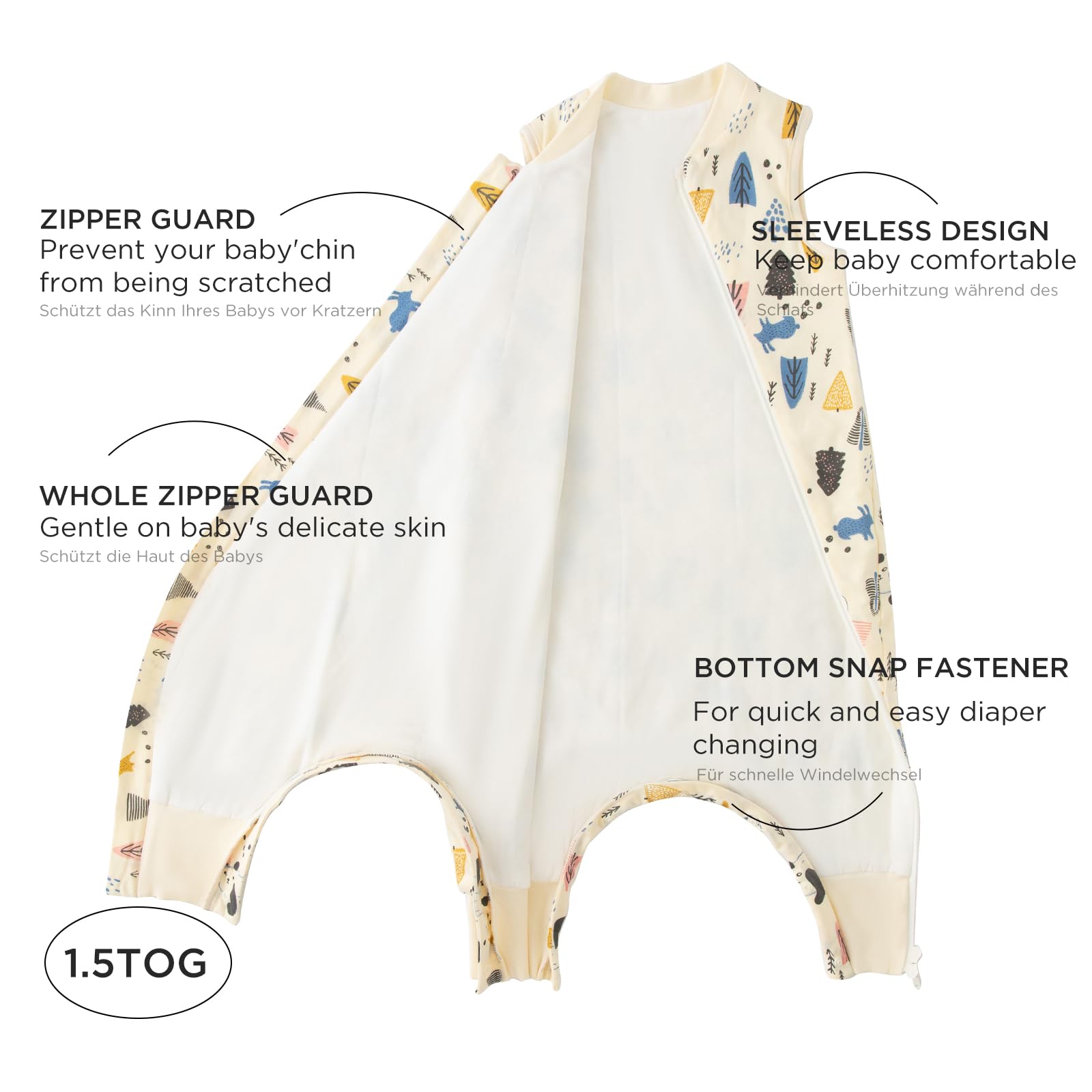 Duomiaomiao Sacco nanna con piedi, per tutto l'anno, in 100% cotone, con piedi, 1,5 Tog, sacco nanna con gambe, per bambini e bambine(Panda beige/1-2 anni)