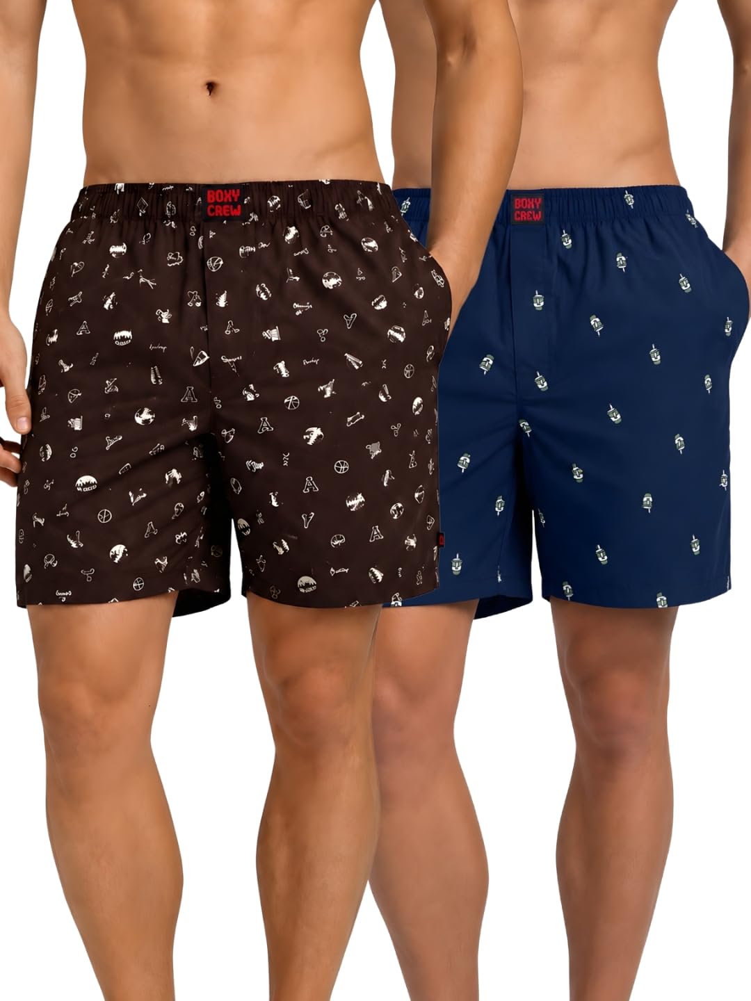 boxy crew Men Boxer Shorts Pack of 2, 100% Cotton Woven Boxers, Brown & Navy Blue, Printed Designs, Dual Side Pockets, No-Marks Inner Elastic Waistband, Relaxed Fit Lounge & Sleep Shorts-picture-33
