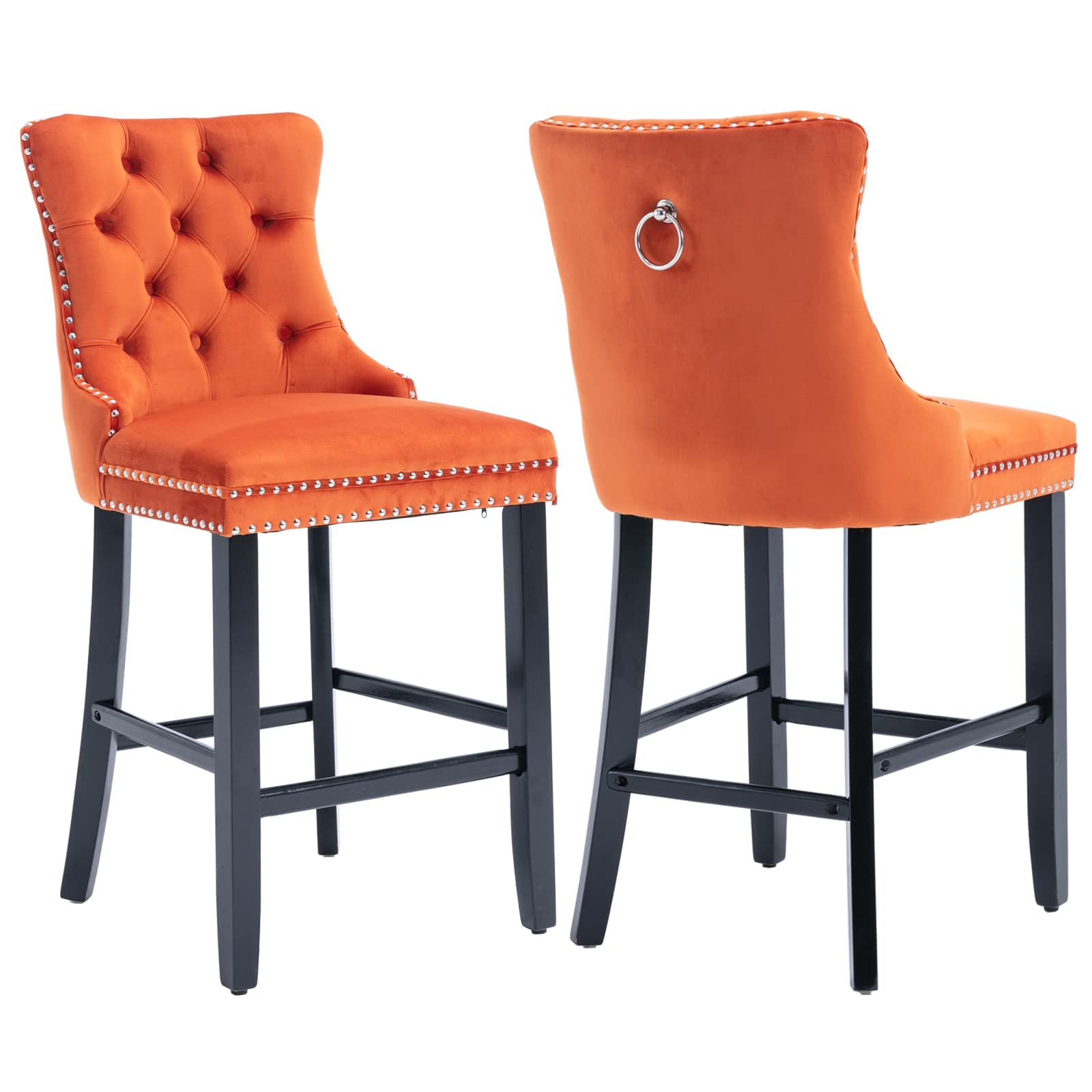BAXMUY Bar Stools Set of 2, Contemporary Velvet Upholstered Counter Stool with Wood Legs, Button Tufting, and Chrome Nailhead Trim, 27.2" Seat Height, Orange