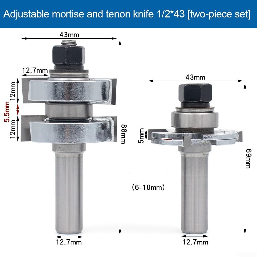 Set Frese T Regolabili Tenone e Maschio 6-10mm Acciaio
