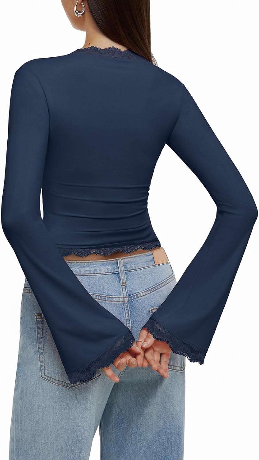 REORIA Womens 2025 Fall Fashion Square Neck Lace Long Bell Sleeves Shirts Double Lined Casual Slim Fit Tops - Image 3