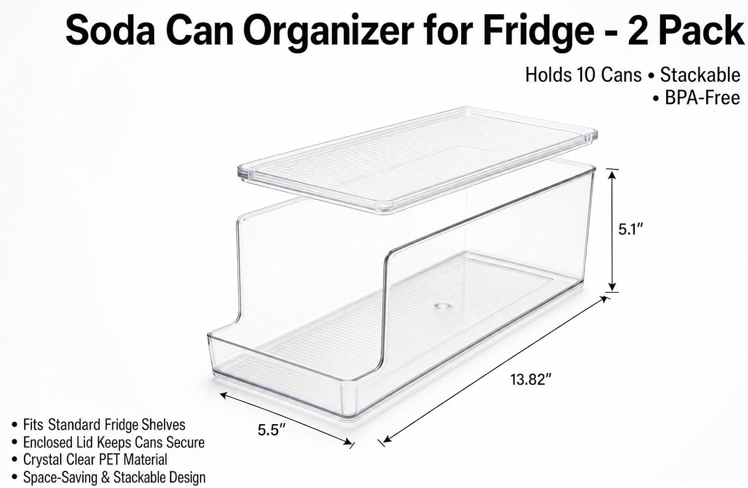 N'SAMBA 2 Pack Stackable Soda Can Organizer for Refrigerator with Lid, Holds 20 Standard 12 Oz Cans Total, Auto Rolling Can Dispenser for Fridge, Clear BPA-Free Drink Organizer