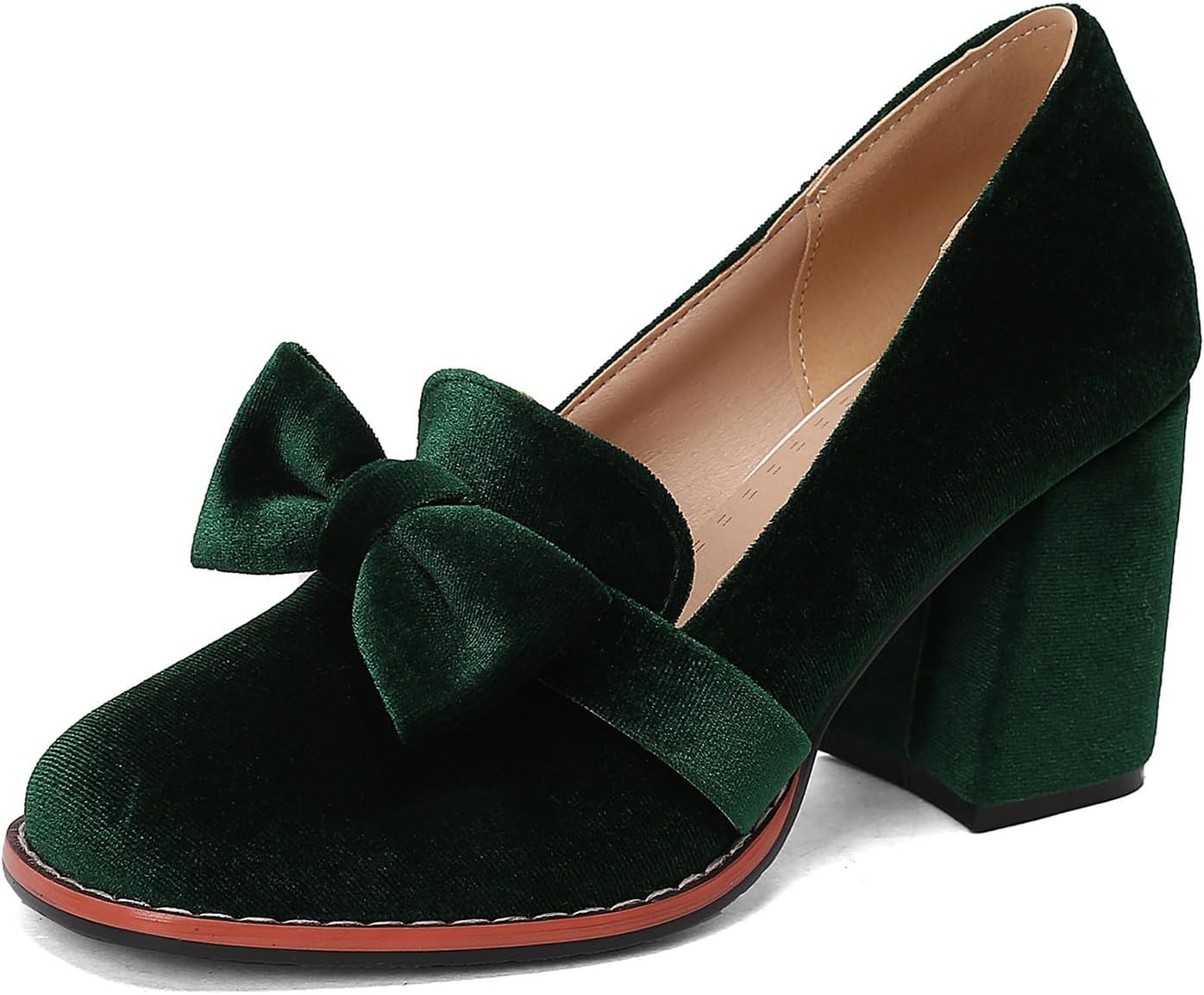 Women's Suede Bow Mid Chunky Heel Pumps Slip On Fashion Comfortable Round Closed Toe Block Heel Dressy Shoes for Daily Dating Work Party