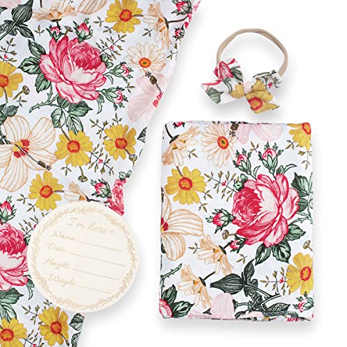 Image of Miaoberry Cotton Muslin Floral Swaddle Blankets Girl with Headband| Hospital Newborn Baby Receiving Blanket| Silky Soft Large 47’’X47’’| Newborn Baby Nursery Swaddle Wrap |Birth Announcement Card