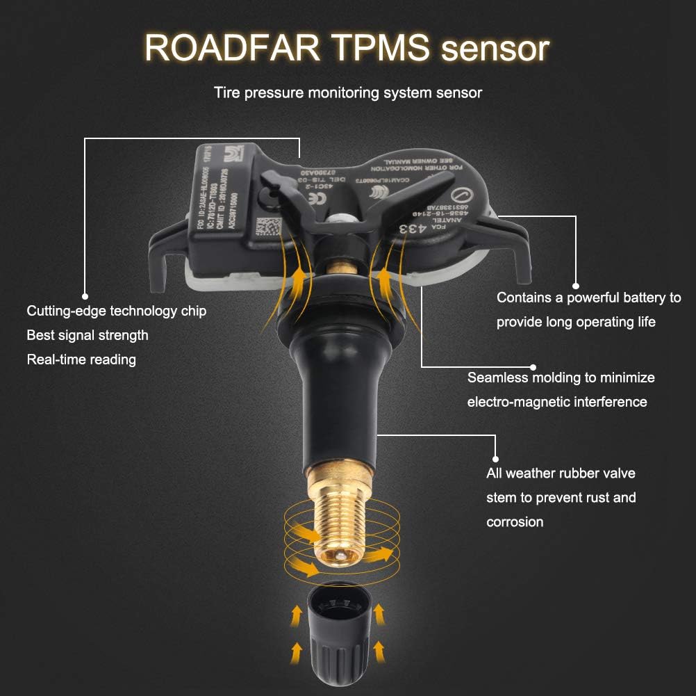 ROADFAR Programmed Tire Pressure Monitoring System Sensor TPMS 433MHz Fits for Dodge for Jeep 68313387AB 68193586AC 68252493AB 4pcs